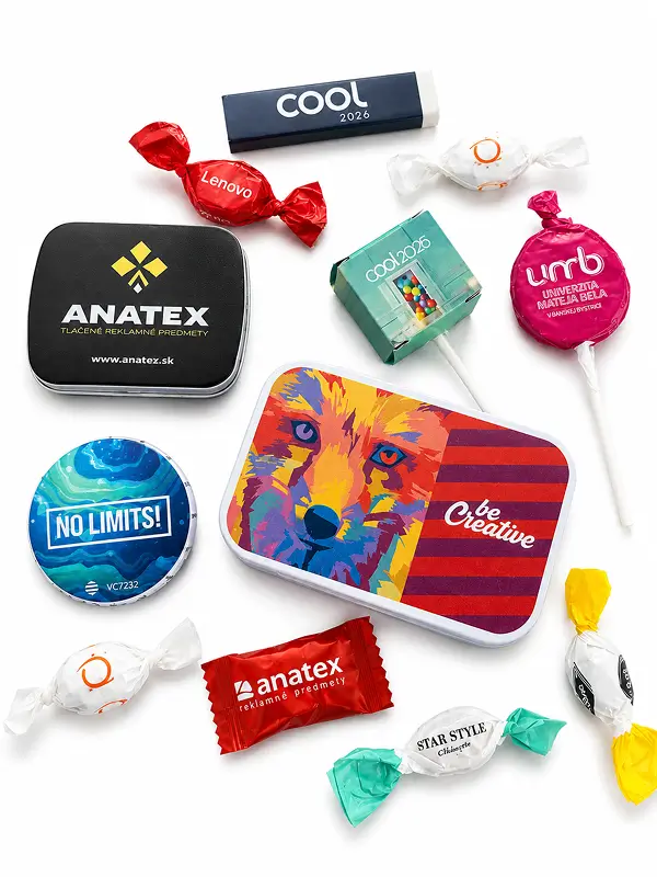 Reklamné cukríky s logom a sladkosti s potlačou na mieru